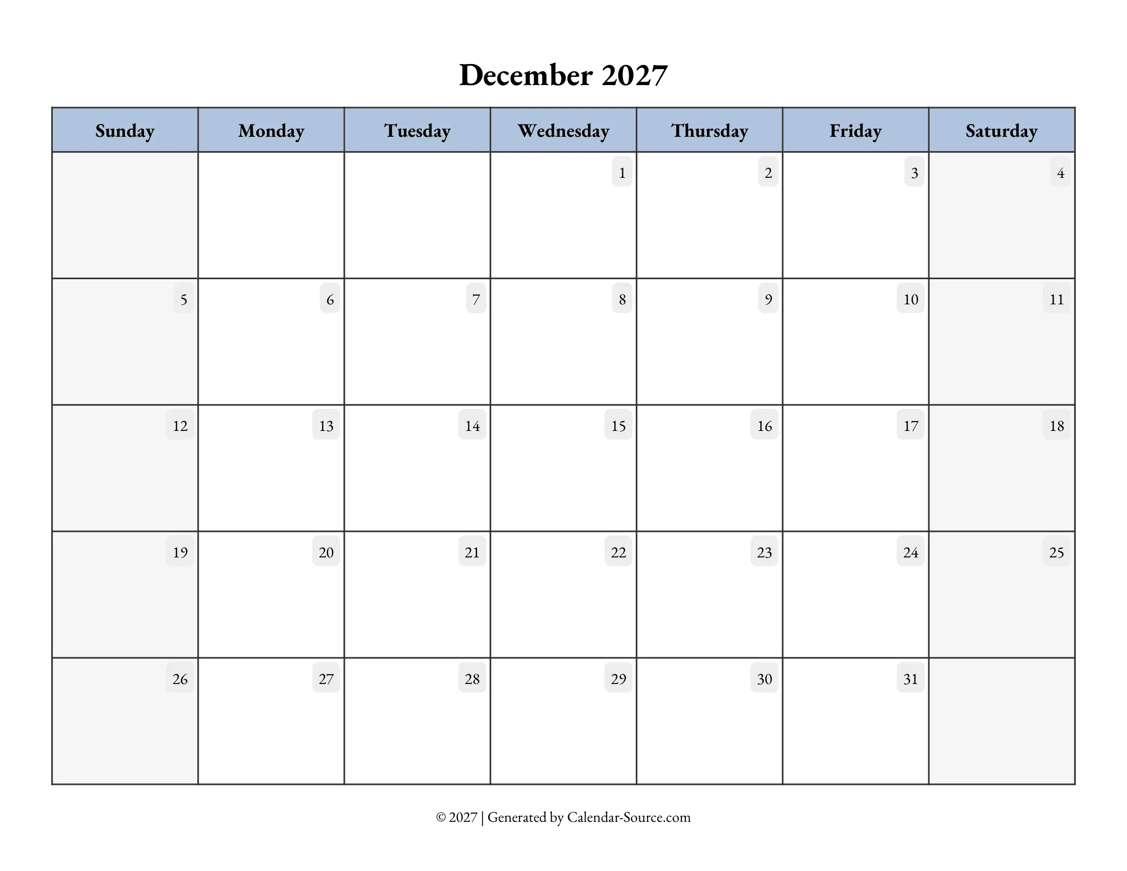 December 2027 Calendar Template 07