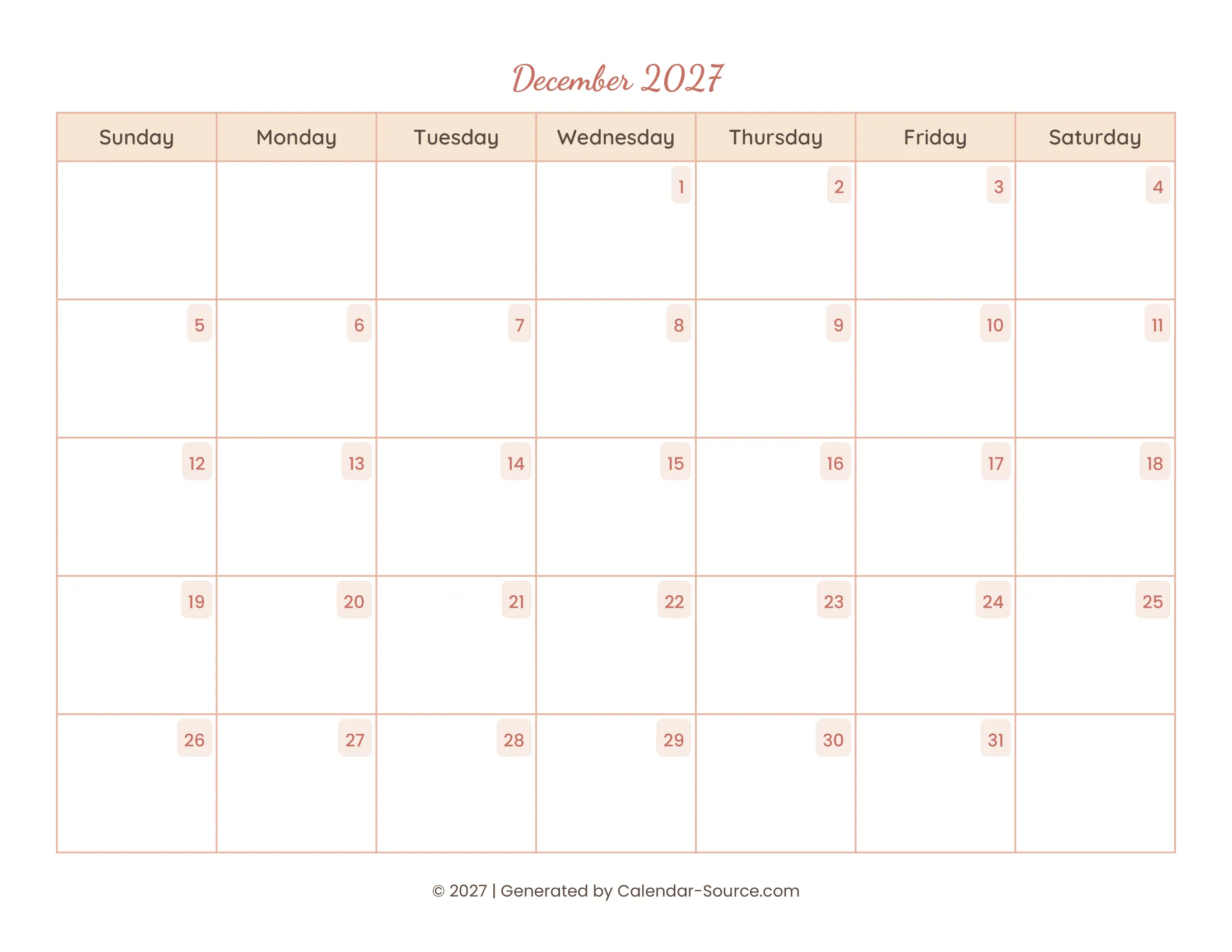 December 2027 Calendar Template 12