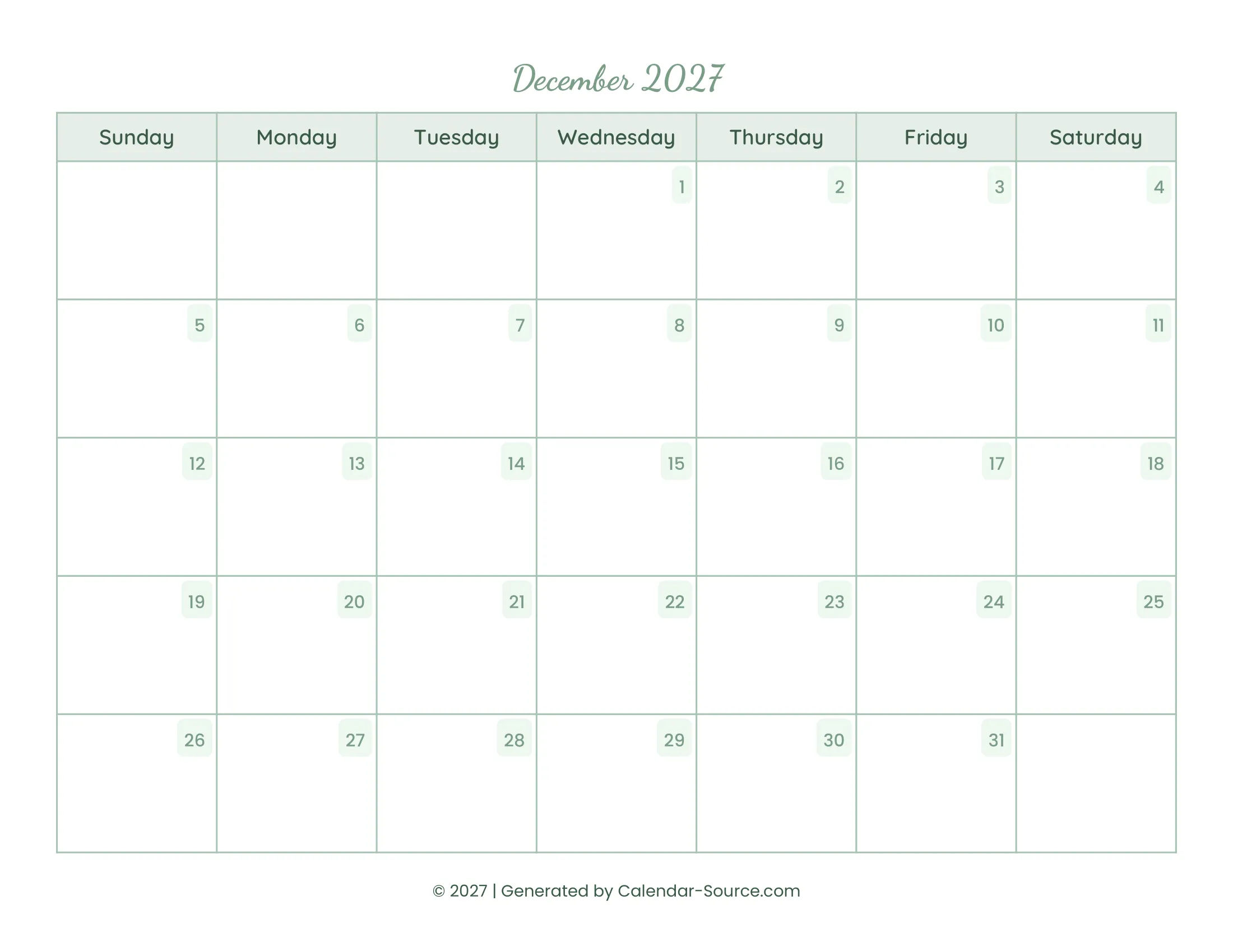 December 2027 Calendar Template 14