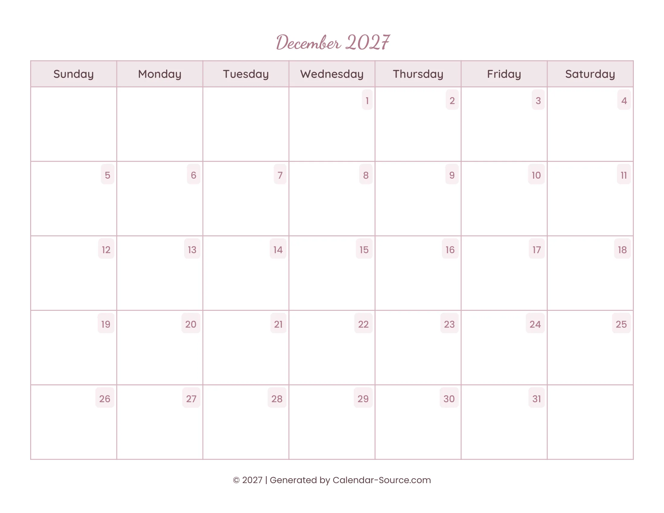 December 2027 Calendar Template 15