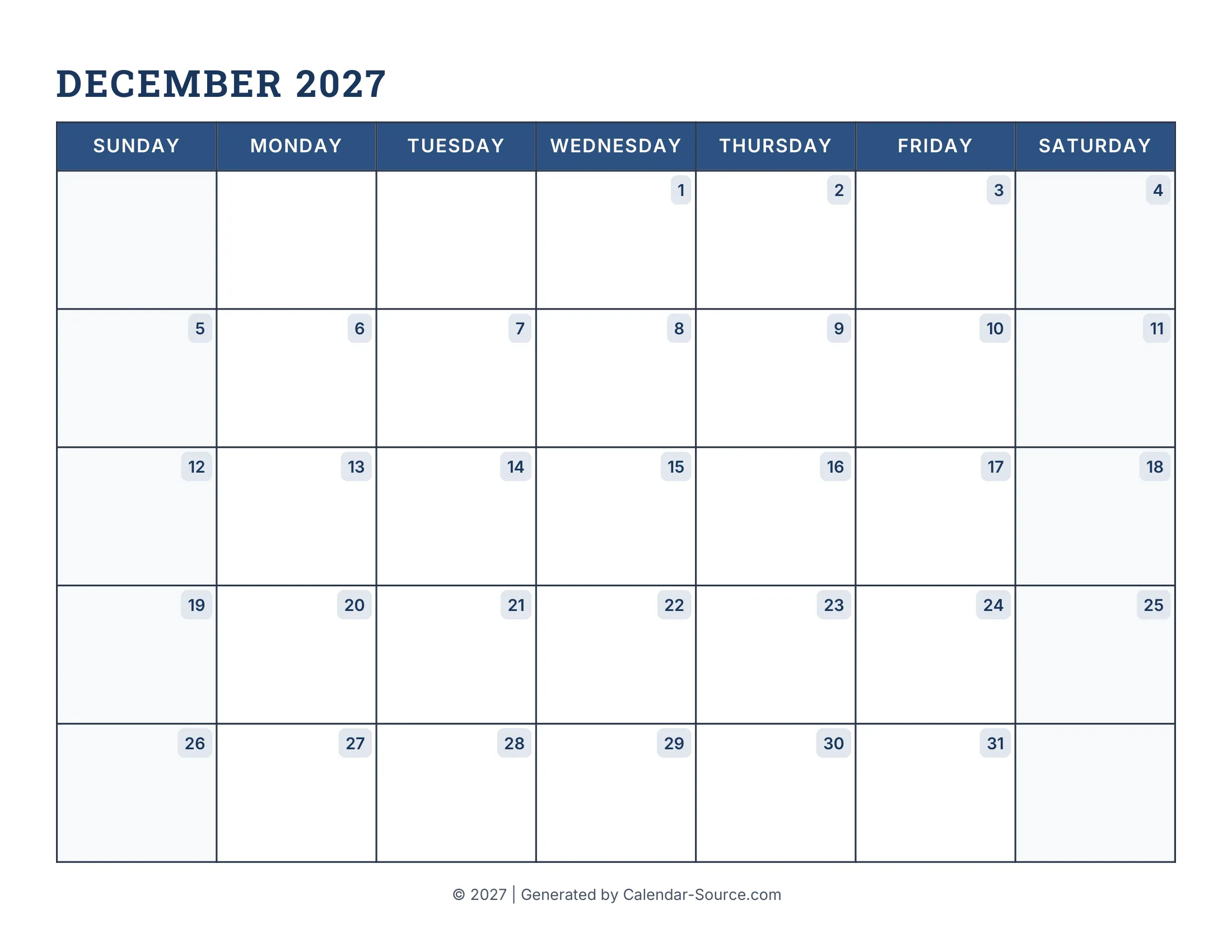 December 2027 Calendar Template 16