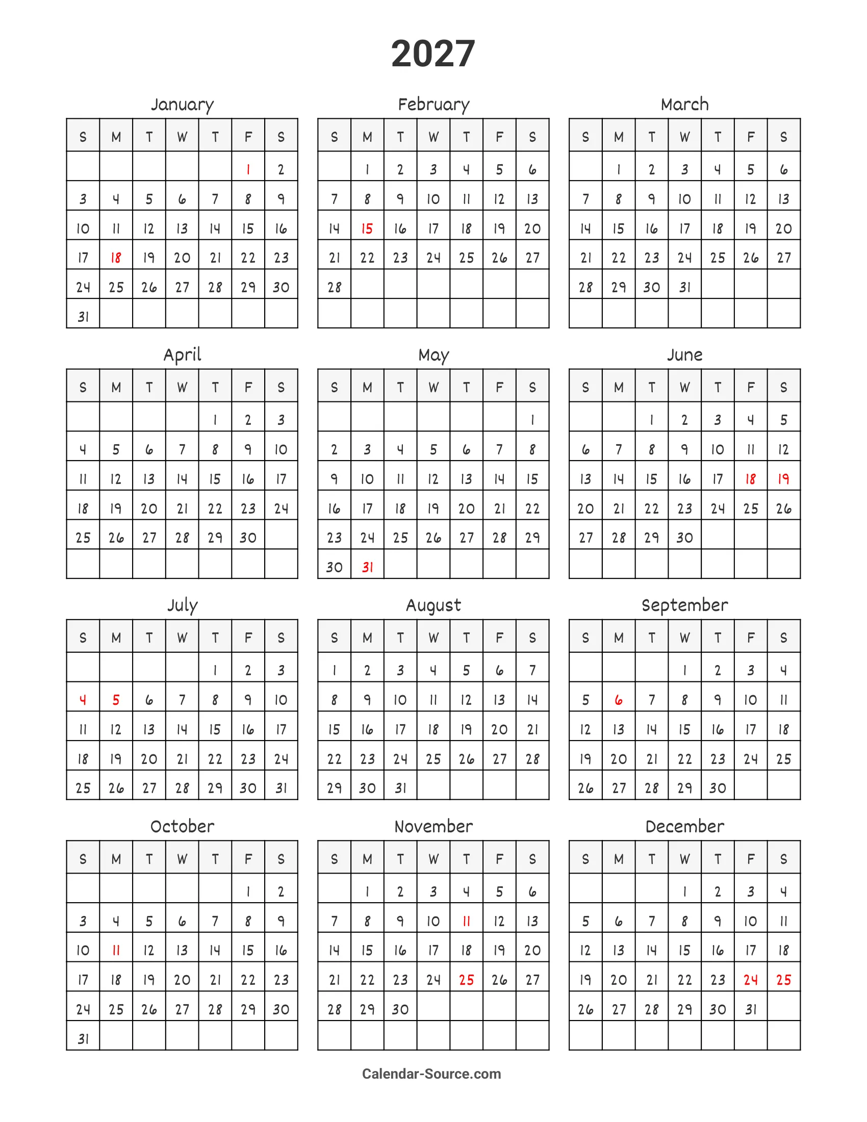 2027 Calendar Template 07