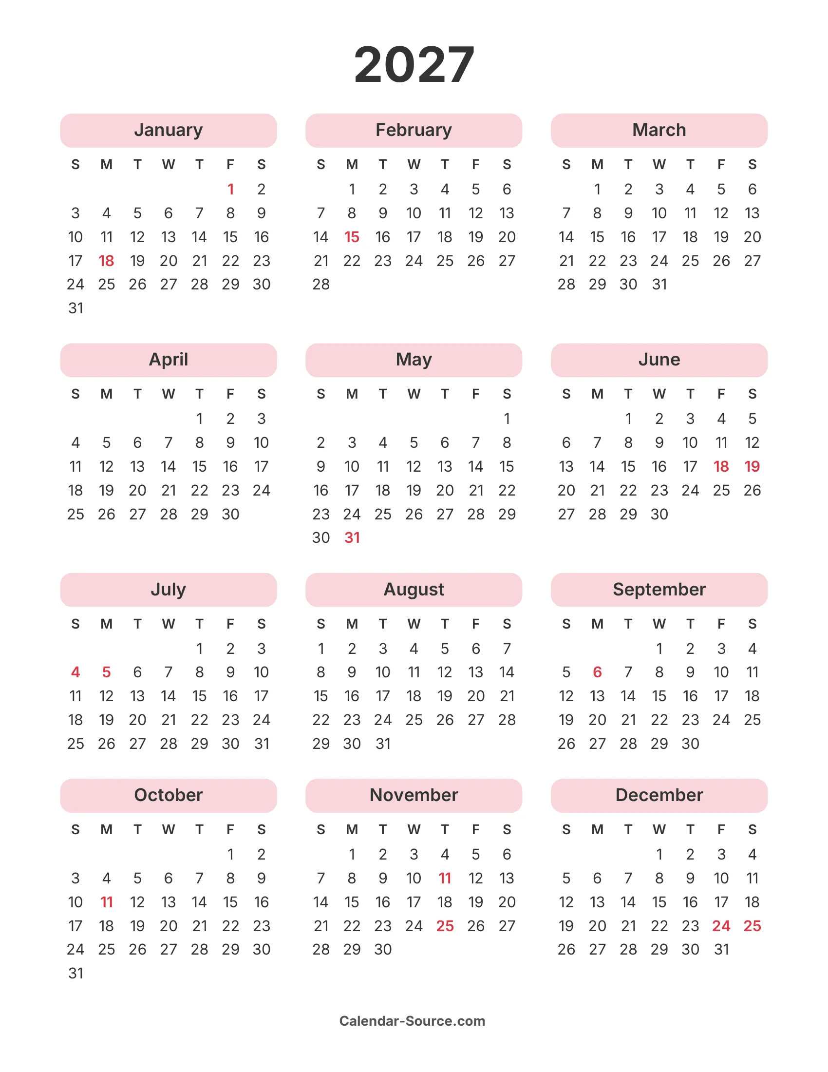 2027 Calendar Template 08