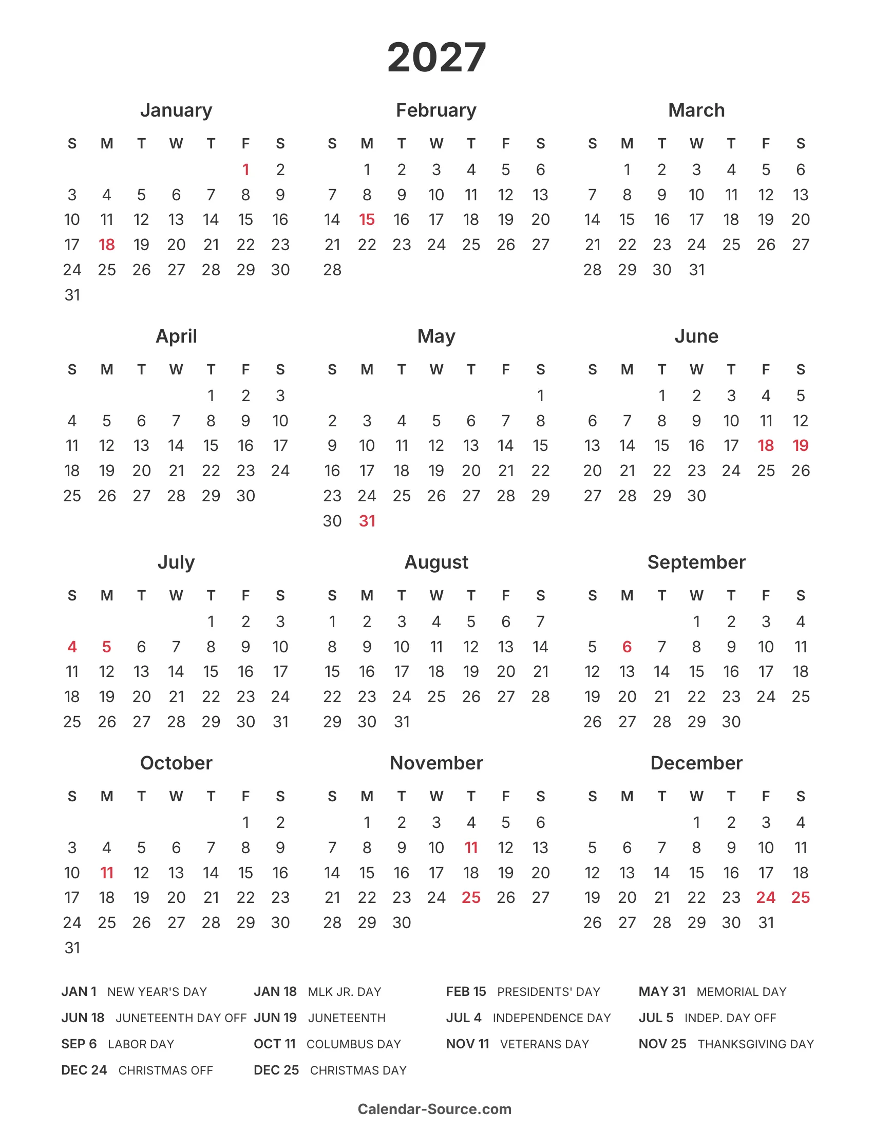 2027 Calendar Template 11