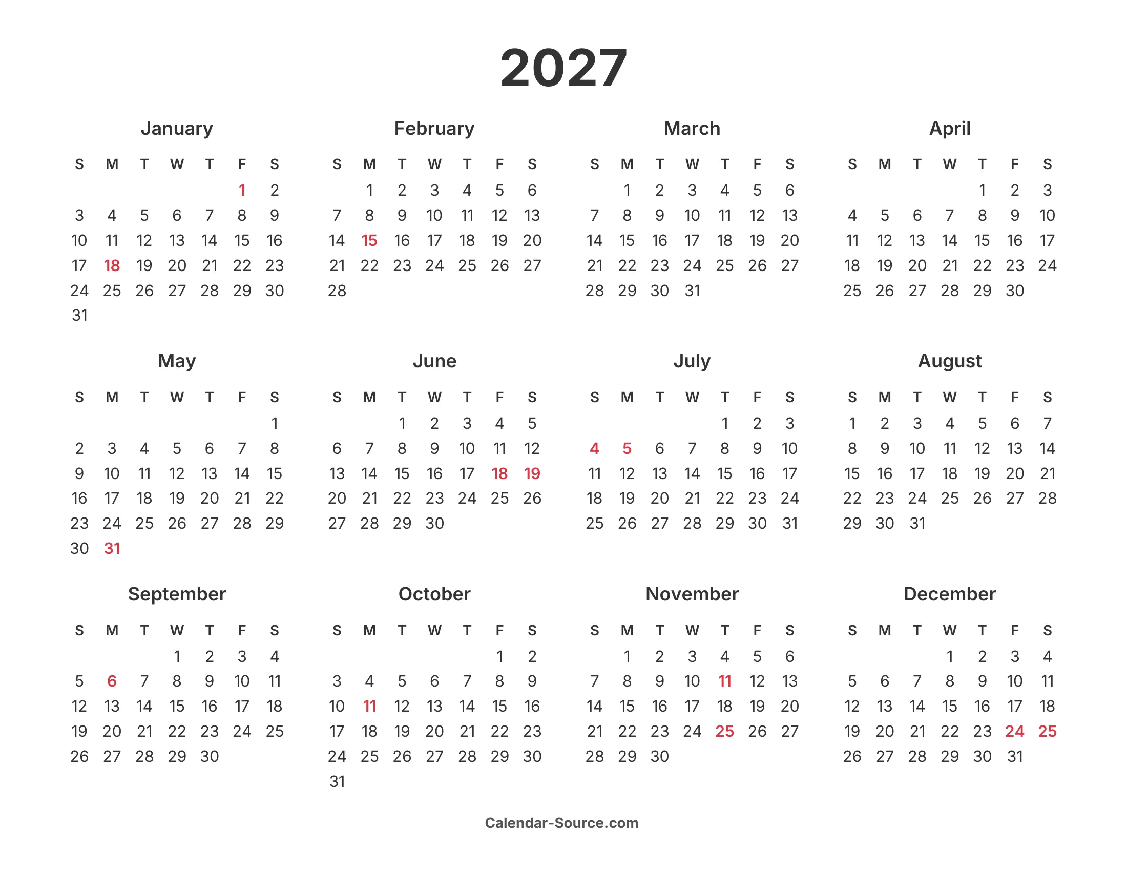 2027 Calendar Template 12