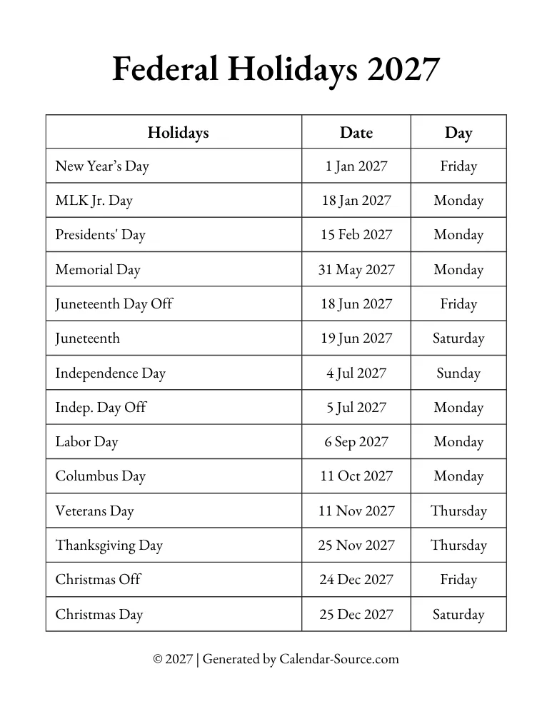 Printable Federal Holidays 2027 Template 01