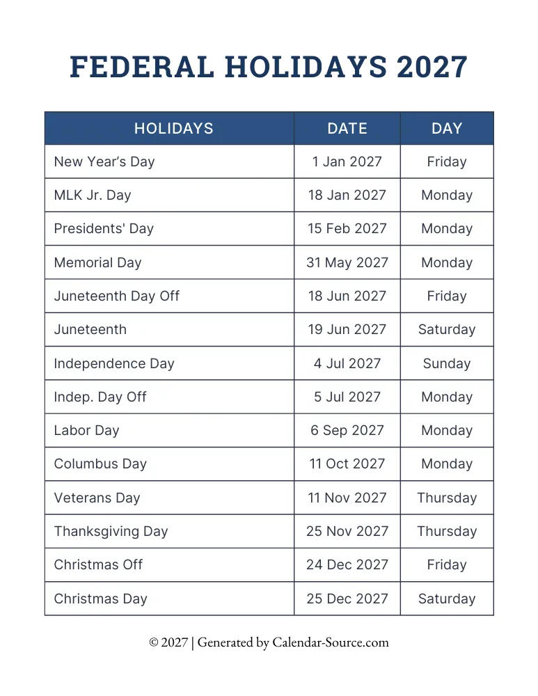 Printable Federal Holidays 2027 Template 02