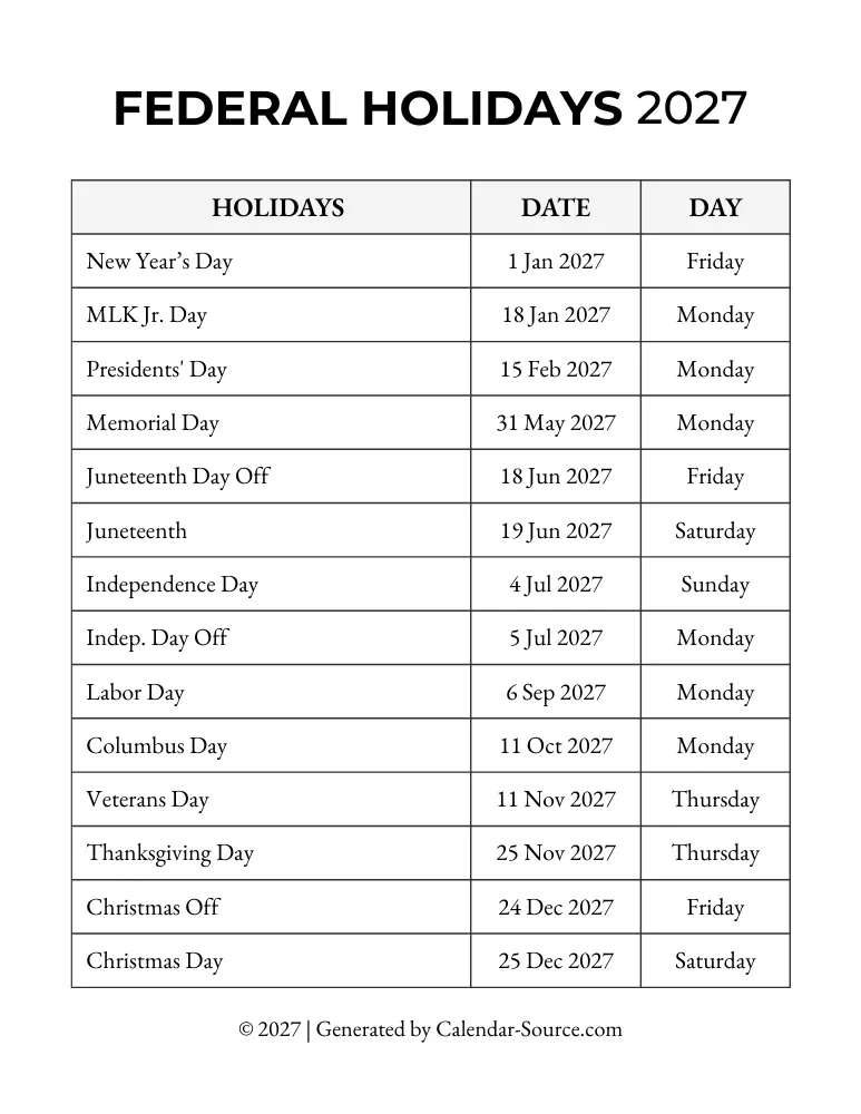 Printable Federal Holidays 2027 Template 03