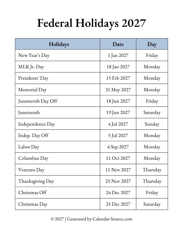Printable Federal Holidays 2027 Template 04